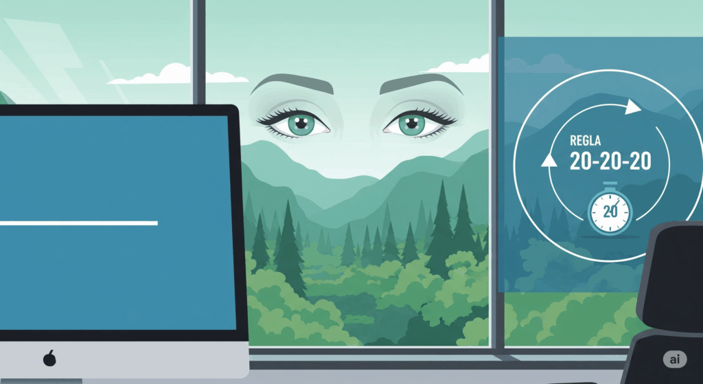 Ilustración de la regla 20-20-20: unos ojos descansando la vista al mirar un paisaje lejano a través de una ventana de oficina.