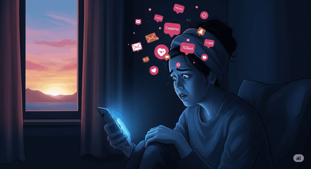 Ilustración en acuarela de una persona con fatiga de pantalla, agobiada por notificaciones de un smartphone en una habitación oscura.